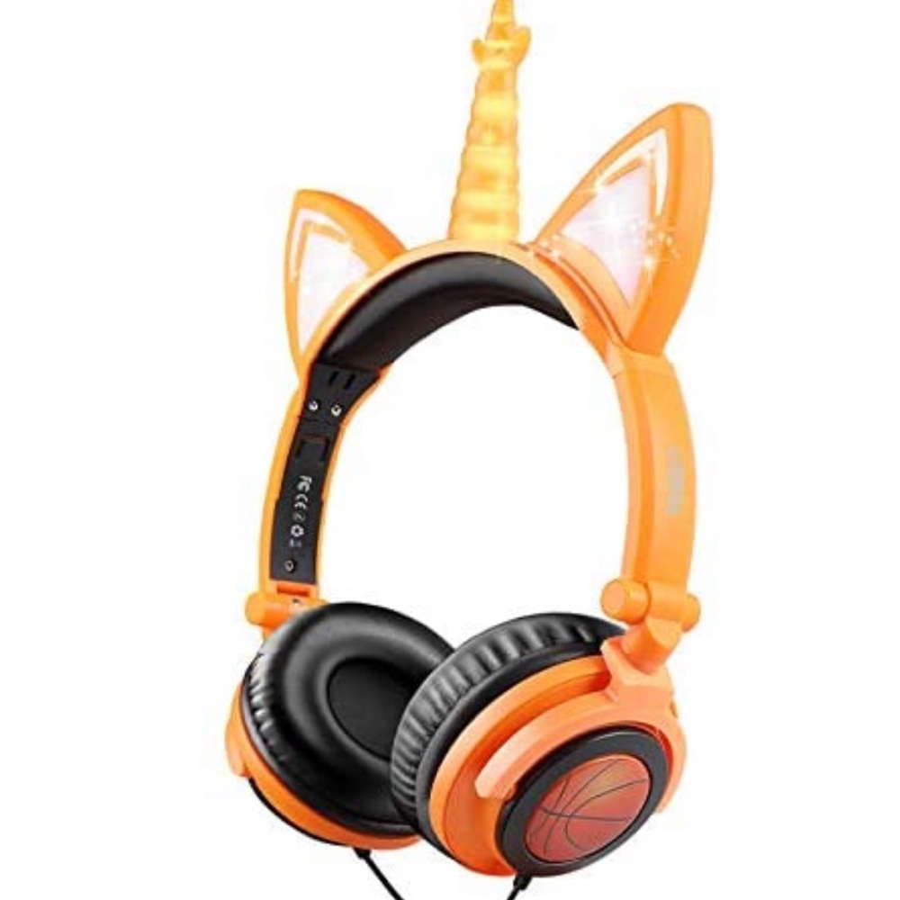 Unicorn Kids Cat Ear Headphones LED Light Up Earphone Wired (Basketball+Orange)